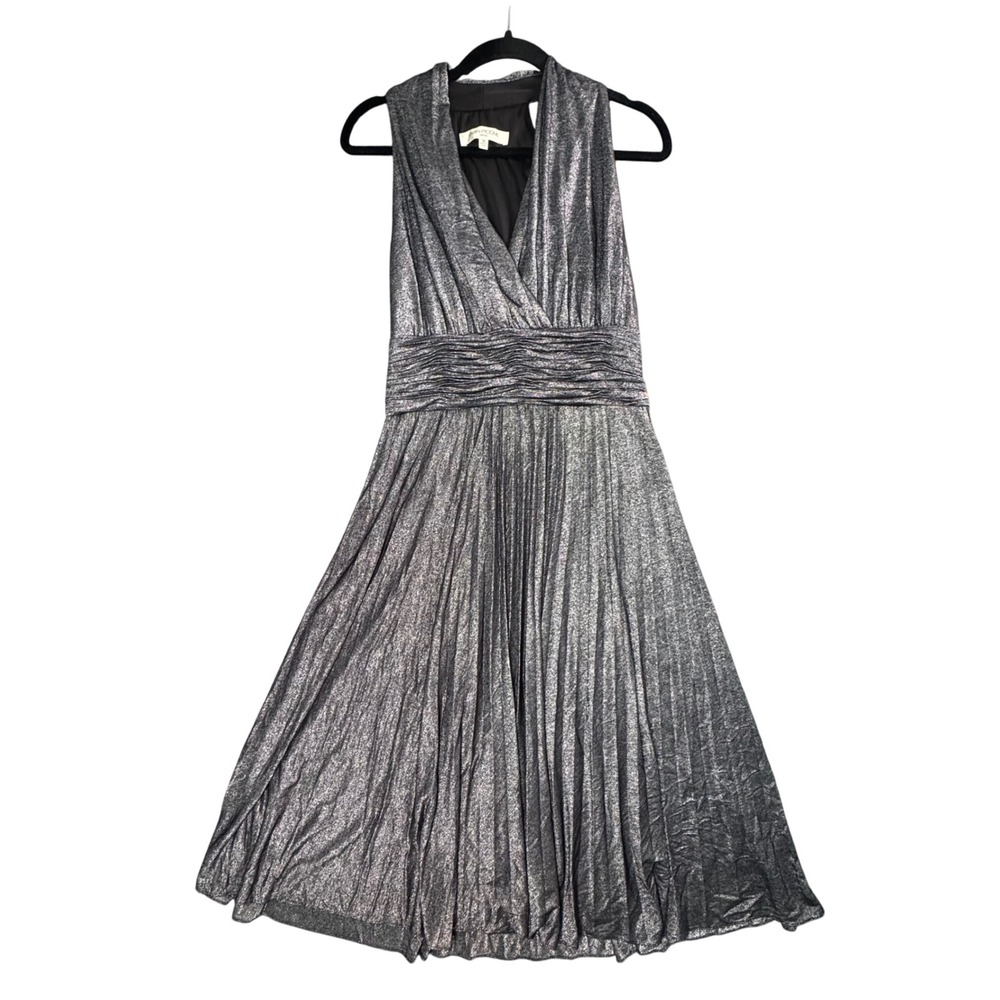 VTG Evan Picone Metallic Silver Ruched Waist Cocktail Dress 14 V-Neck Sleeveless